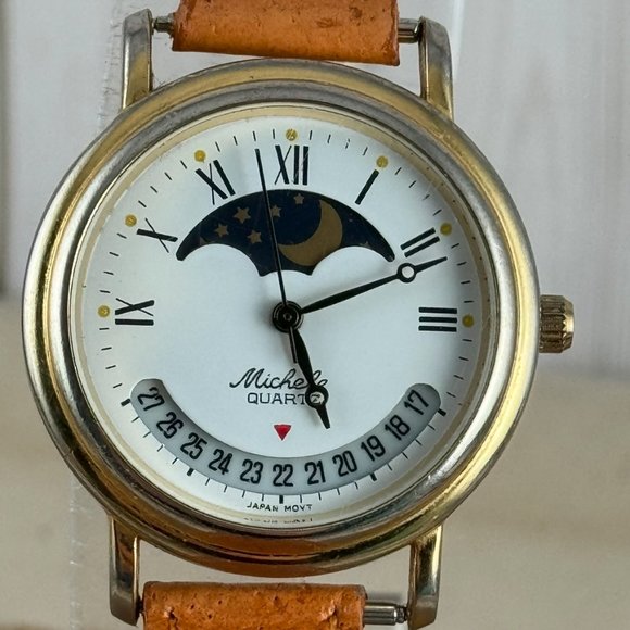 Michele Quartz Moon Phase Watch Gold face Roman Numerals - Picture 2 of 9